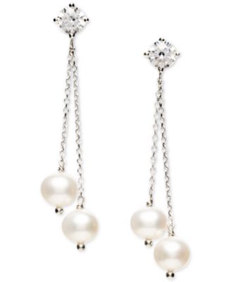 Macy's - Cultured Freshwater Pearl (6-6-1/2mm) & Cubic Zirconia Double Chain Drop Earrings in Sterling Silver