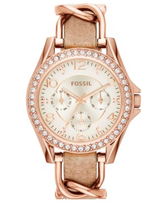 Fossil - Women's Riley Rose Gold-Tone Chain and Bone Leather Strap Watch 38mm ES3466
