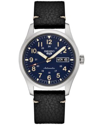 Seiko - Men's Automatic 5 Sports Black Leather Strap Watch 43mm