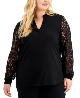 Kasper - Plus Size Lace-Sleeve Split-Neck Top