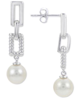 Macy's - Cultured Freshwater Pearl (8mm) Chain Link Drop Earrings in Sterling Silver