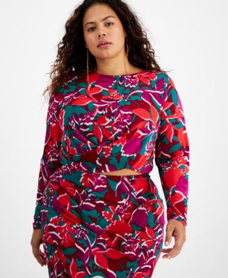 Bar III - Plus Size Printed Cross-Hem Long-Sleeve Cropped Top