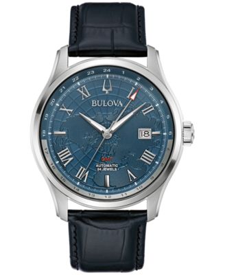 Bulova - Men's Automatic Wilton GMT Black Leather Strap Watch 43mm