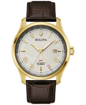 Bulova - Men's Automatic Wilton GMT Brown Leather Strap Watch 43mm