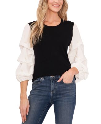 CeCe - Women's Ruffled Imitation Pearl-Detail Lantern Sleeve Sweater