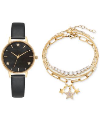 Jessica Carlyle - Women's Black Faux-Leather Strap Watch 34mm Gift Set