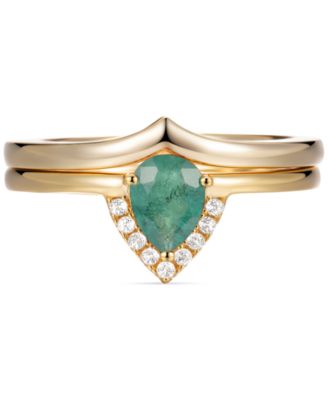 Macy's Brand - 2-Pc. Set Emerald (5/8 ct. t.w.) & White Topaz (1/20 ct. t.w.) V Halo Ring & Fitted Band in Gold-Plated Sterling Silver (Also in Aquamarine & Opal)