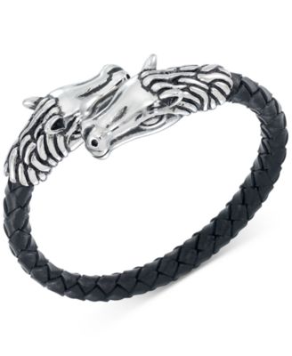 LEGACY for MEN by Simone I. Smith - Horse Head Black Leather Braided Bypass Bracelet in Stainless Steel