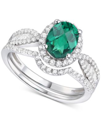 Macy's Brand - 2-Pc. Set Lab-Created Emerald (1 ct. t.w.) & Lab-Created White Sapphire (5/8 ct. t.w.) Ring & Fitted Band in Sterling Silver (Also in Lab-Created Blue Sapphire)