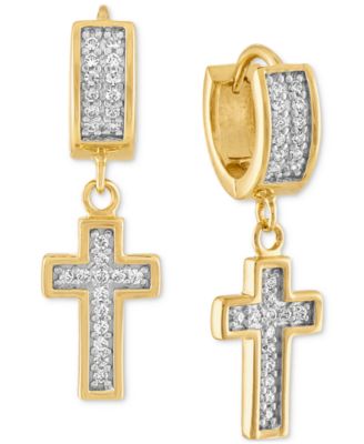 Esquire Men's Jewelry - Cubic Zirconia Cross Dangle Huggie Hoop Earrings in 14k Gold-Plated Sterling Silver