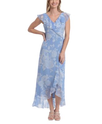London Times - Petite Printed Ruffled-Collar Maxi Dress