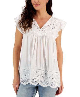 Style & Co - Women's Mixed-Media Lace-Trimmed Peasant Top