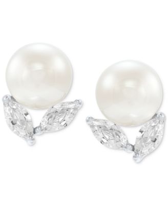 Arabella - Cultured Freshwater Pearl (8mm) & Cubic Zirconia Stud Earrings in Sterling Silver