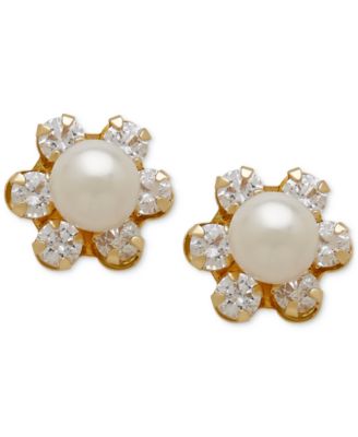 Macy's Brand - Freshwater Pearl (3-3/4mm) and Cubic Zirconia Stud Earrings in 14k Gold