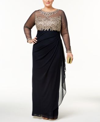 XSCAPE - Plus Size Embroidered Illusion Gown
