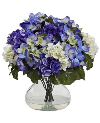 Nearly Natural - Blue Hydrangea with Large Glass Vase