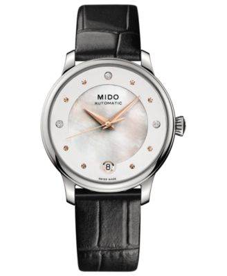Mido - Women's Swiss Automatic Baroncelli II Diamond-Accent Black Synthetic Leather Strap Watch 27.9mm