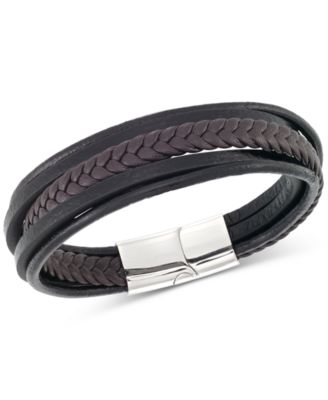 LEGACY for MEN by Simone I. Smith - Men's Black & Brown Multi-Row Leather Bracelet in Stainless Steel