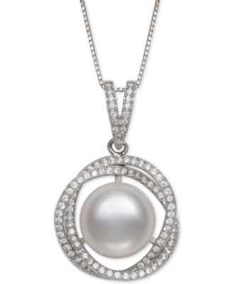Belle de Mer - Cultured Freshwater Pearl (11mm) & Cubic Zirconia 18" Pendant Necklace in Sterling Silver