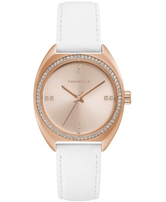 Caravelle - Women's Crystal White Leather Strap Watch 32mm