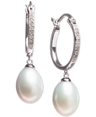 Macy's - Cultured Freshwater Pearl (7 x 9mm) & Diamond (1/10 ct. t.w.) Hoop Drop Earrings in Sterling Silver
