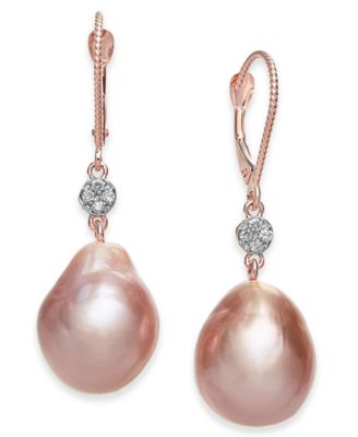 Macy's - Cultured Pink Baroque Freshwater Pearl (12mm) & Diamond (1/20 ct. t.w.) Drop Earrings in 14k Rose Gold