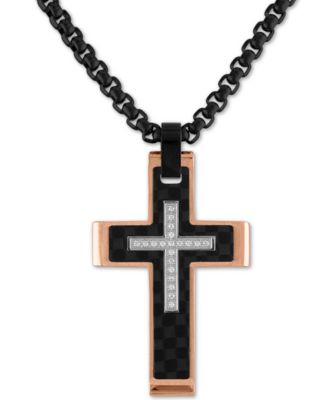 Esquire Men's Jewelry - Diamond Cross 22" Pendant Necklace (1/10 ct. t.w.) in Stainless Steel, Black Carbon Fiber or Gold-Tone & Rose Ion-Plated Stainless Steel