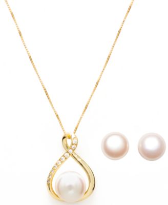 Macy's Brand - Cultured Freshwater (10-11mm) Pearl Pendant and Stud Set in 18k Gold over Sterling Silver.