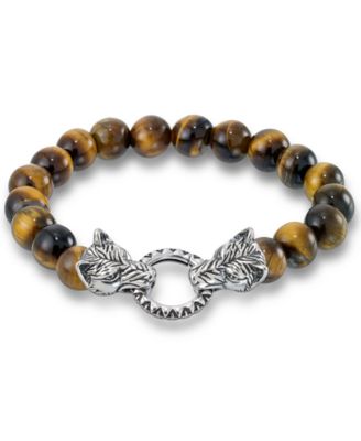 Andrew Charles by Andy Hilfiger - Men's Onyx Bead Wolf Head Stretch Bracelet in Stainless Steel (Also in Tiger's Eye & White Agate)