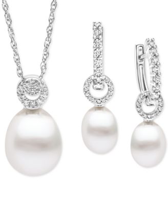 Macy's - 2-Pc. Set Cultured Freshwater Pearl (9-10mm) & White Zircon (1-3/8 ct. t.w.) Pendant Necklace & Drop Earrings in Sterling Silver
