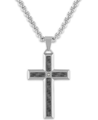 Macy's Brand - Men's Diamond Accent Grey Carbon Fiber Cross 24" Pendant in Stainless Steel