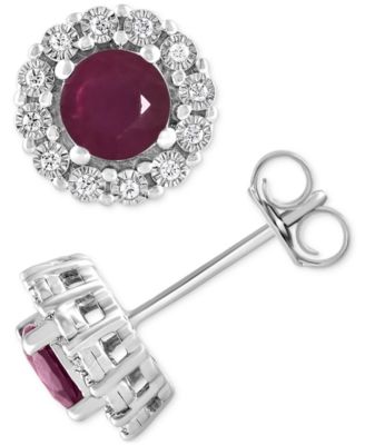 Macy's - Emerald (1 ct. t.w.) & Diamond (1/10 ct. t.w.) Halo Stud Earrings in Sterling Silver (Also in Ruby & Sapphire)