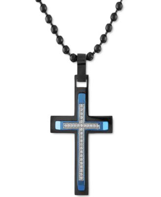 Macy's Brand - Men's Diamond Cross Multi-Tone 22" Pendant Necklace (1/6 ct. t.w.) in Stainless Steel & Blue & Black Ion-Plate