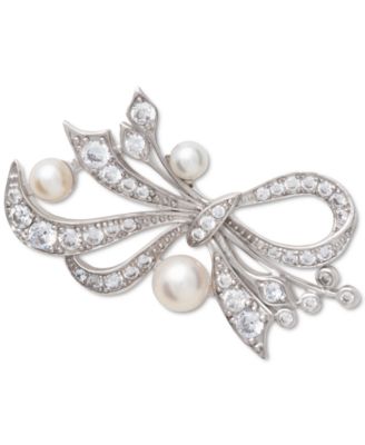 Macy's Brand - Cultured Freshwater Pearl (4-6mm) & Cubic Zirconia Ribbon Bow Pin in Sterling Silver