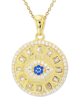 Macy's - Cubic Zirconia & Lab-Created Blue Spinel (1/20 ct. t.w.) Evil Eye Disc 18" Pendant Necklace in 14k Gold-Plated Sterling Silver