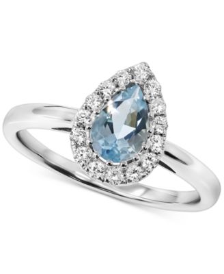 Macy's Brand - Aquamarine (3/4 ct. t.w.) & Diamond (1/5 ct. t.w.) Pear Halo Ring in 14k White Gold