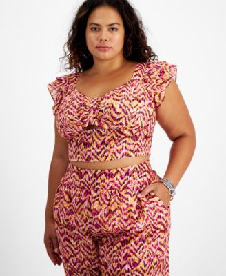 Bar III - Plus Size Printed Sweetheart-Neckline Cropped Top
