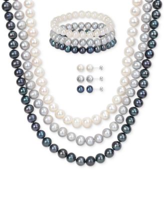 Macy's Brand - 7-Pc. Set White, Black, & Gray Cultured Freshwater Pearl (7-1/2 - 8mm) Necklace, Bracelets, & Stud Earrings
