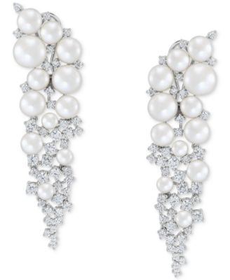 Arabella - Cultured Freshwater Button Pearl (4 - 8-1/2mm) & Cubic Zirconia Vine Cluster Drop Earrings