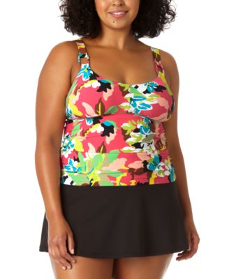 Anne Cole - Plus Size O-Ring Printed Tankini Top & Banded Swim Skirt