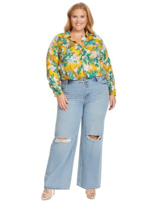 Jessica Simpson - Trendy Plus Size Floral-Print Shirt & Ripped Wide-Leg Jeans