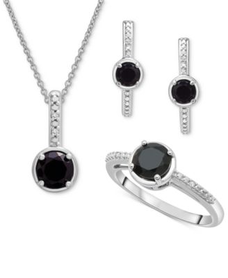 Macy's Brand - 3-Pc. Set Onyx & Diamond Accent Pendant Necklace, Ring and Hoop Earrings in Sterling Silver