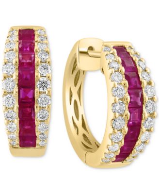 EFFY Collection - Ruby (1-5/8 ct. t.w.) & Diamond (3/4 ct. t.w.) Small Hoop Earrings in 14k Gold, 0.72"