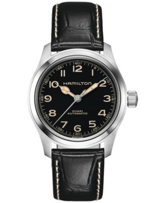 Hamilton - Men's Swiss Automatic Khaki Field Black Leather Strap Watch 38mm