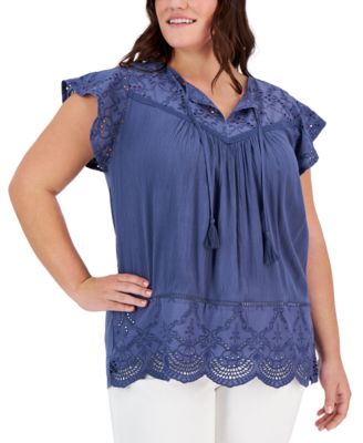 Style & Co - Plus Size Eyelet Crinkle Split-Neck Blouse