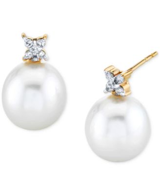 Macy's - Cultured Freshwater Pearl (9mm) & Diamond (1/10 ct. t.w.) Stud Earrings in 14k Gold