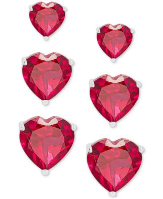 Macy's Brand - 3-Pc. Set Lab-Created Red Spinel Graduated Heart Stud Earrings (1-3/8 ct. t.w.) in Sterling Silver