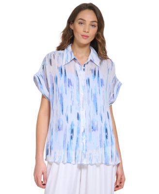 DKNY - Women's Chiffon Printed Button-Front Metallic Top