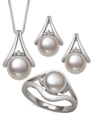 Belle de Mer - 3-Pc. Set Cultured Freshwater Pearl (7 & 8mm) & Diamond Accent Pendant Necklace, Stud Earrings & Ring in Sterling Silver