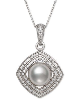 Belle de Mer - Cultured Freshwater Pearl (8mm) & Cubic Zirconia 18" Pendant Necklace in Sterling Silver